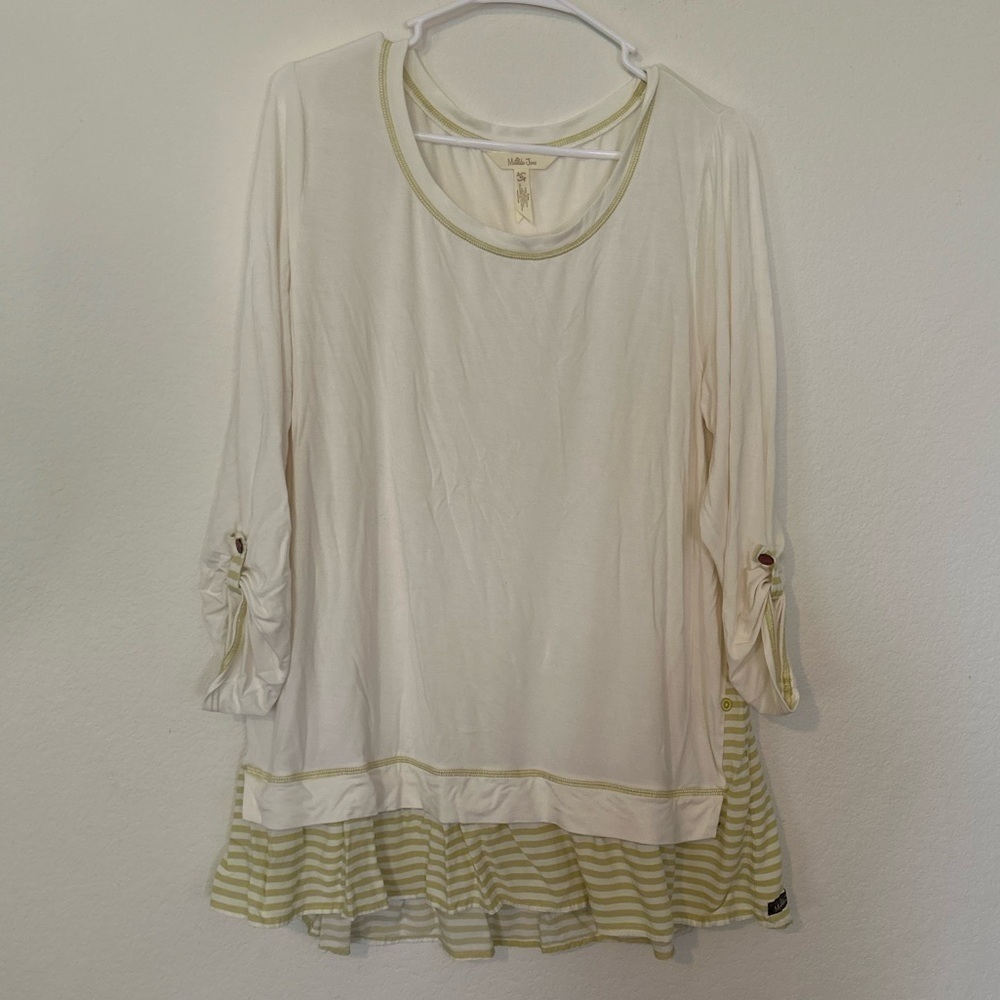 Matilda Jane Women's Cream Green Stripe
Tunic Ruffle Hem Stretch XL